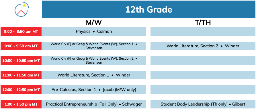 12th Grade Live Online Course Schedule Leadership Academy of Colorado